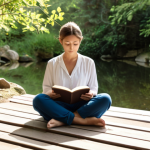 **Self-Care in Social Work**: An illustration of a social worker taking a short break in a peaceful setting, practicing mindfulness by meditating or reading a book in a serene environment, emphasizing the importance of self-care.