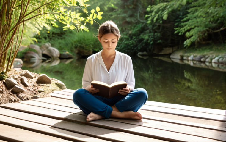 **Self-Care in Social Work**: An illustration of a social worker taking a short break in a peaceful setting, practicing mindfulness by meditating or reading a book in a serene environment, emphasizing the importance of self-care.