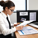 **

"Social work student carefully organizing files and paperwork in a tidy office. Laptop open with client management software visible. Emphasis on detail and accuracy."

**