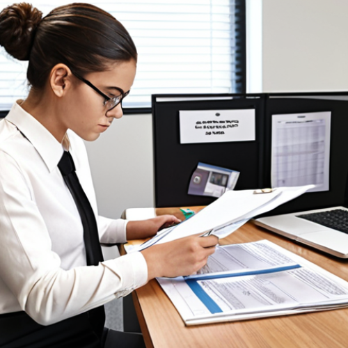 Home 16 **
"Social work student carefully organizing files and paperwork in a tidy office. Laptop open with client management software visible. Emphasis on detail and accuracy."
**