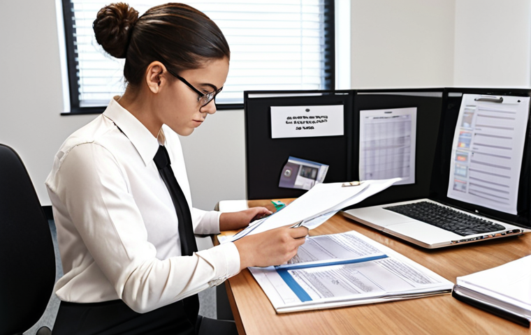 **
"Social work student carefully organizing files and paperwork in a tidy office. Laptop open with client management software visible. Emphasis on detail and accuracy."
**