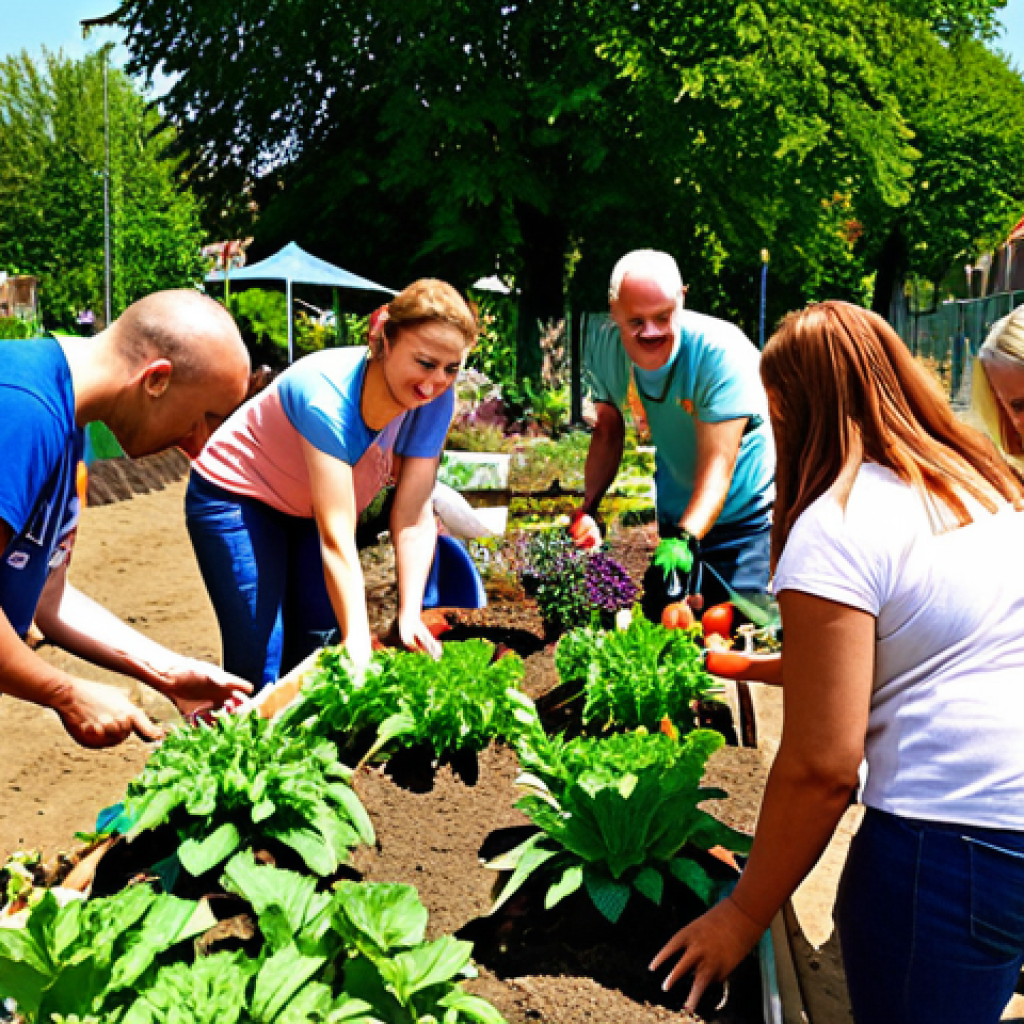 **A diverse group of volunteers working together in a community garden, planting flowers and vegetables. The scene should evoke a sense of collaboration, community spirit, and the positive impact of neighborhood initiatives on social cohesion. Bright, sunny day. Dutch setting.**