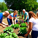 **A diverse group of volunteers working together in a community garden, planting flowers and vegetables. The scene should evoke a sense of collaboration, community spirit, and the positive impact of neighborhood initiatives on social cohesion. Bright, sunny day. Dutch setting.**