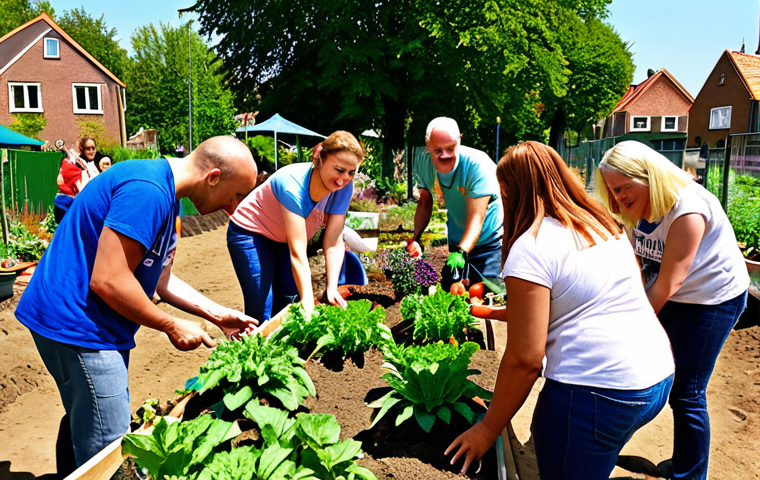 **A diverse group of volunteers working together in a community garden, planting flowers and vegetables. The scene should evoke a sense of collaboration, community spirit, and the positive impact of neighborhood initiatives on social cohesion. Bright, sunny day. Dutch setting.**